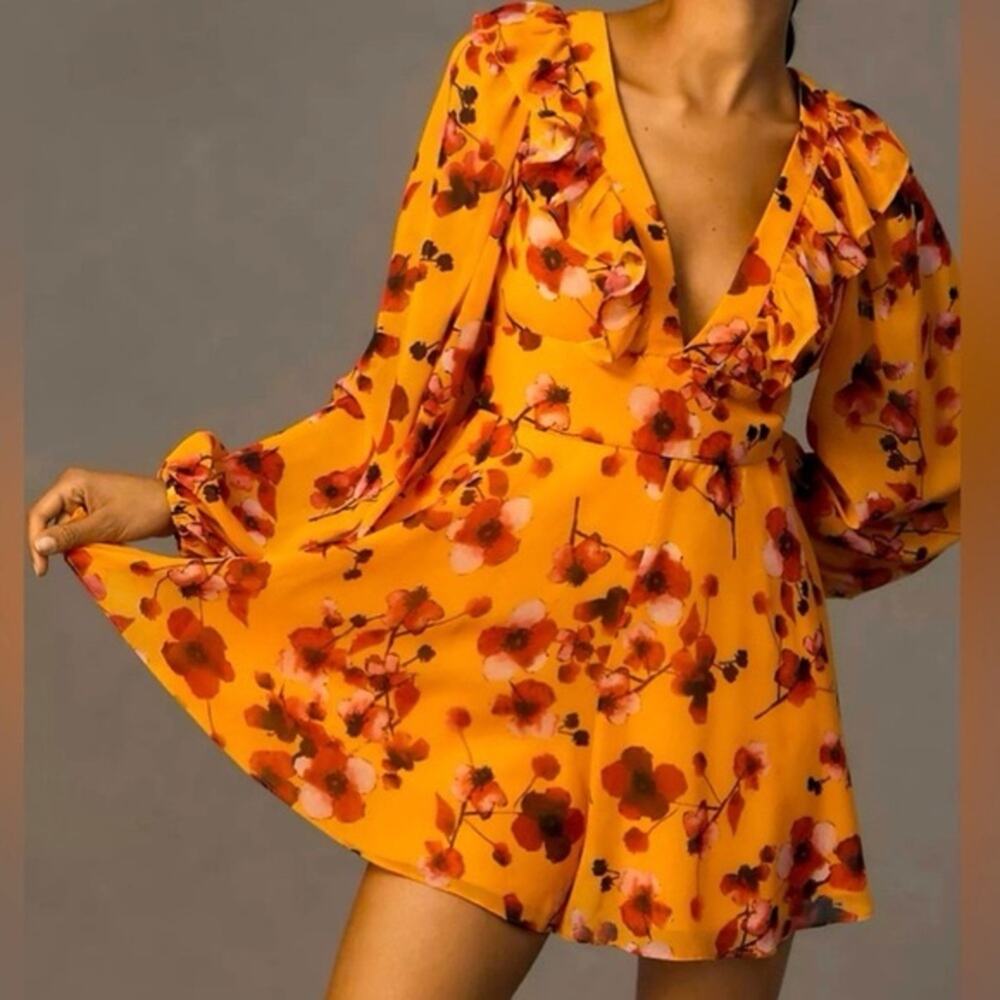Anthropologie Hutch Long Sleeve Floral Deep V Romper Feminine Ruffle Romantic XS